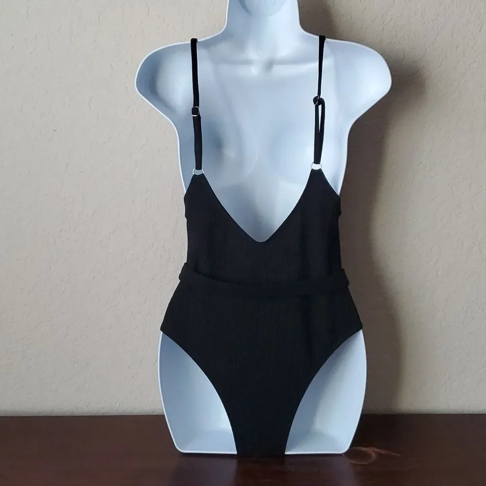 Ribbed Black One Piece Swimsuit Size Large Cheeky Belted One-Piece Swimwear** - Picture 4 of 8